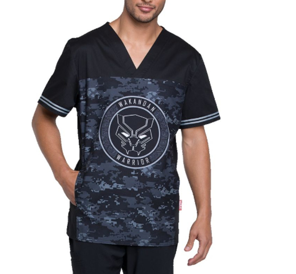 Men's Marvel V-Neck Black Scrub Top Tooniforms Wakandan Warrior Size M